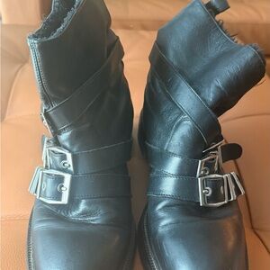 Zara Black Leather Buckle Ankle Boots